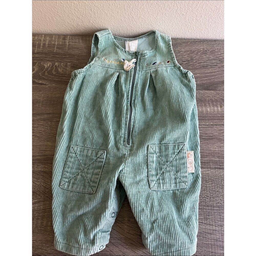 Vintage Baby Sage Green Corduroy Romper Teddy Bear Overalls One Piece